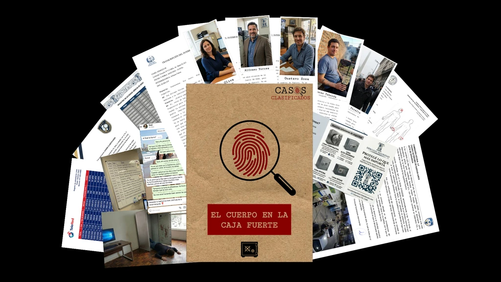El expediente de “El cuerpo en la caja fuerte” desplegado: carpeta del caso, interrogatorios, chats, planillas y fotos de la escena